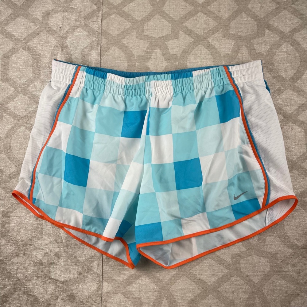 Nike Dri-FIT Tempo Women Large Blue Checkered Running Shorts 434880-411 Good